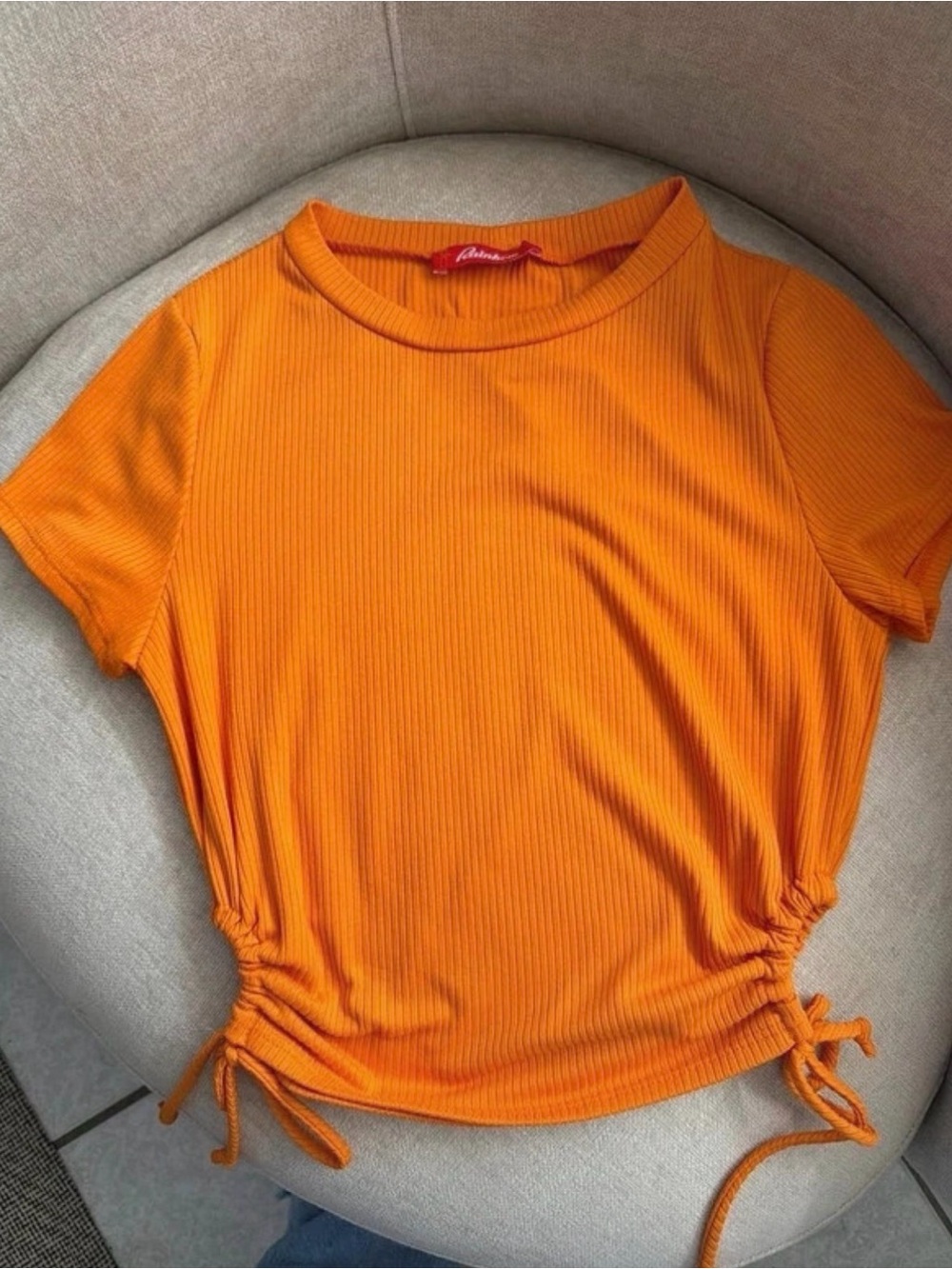Rainbow Orange Ribbed Short Sleeve Top with Side Ties